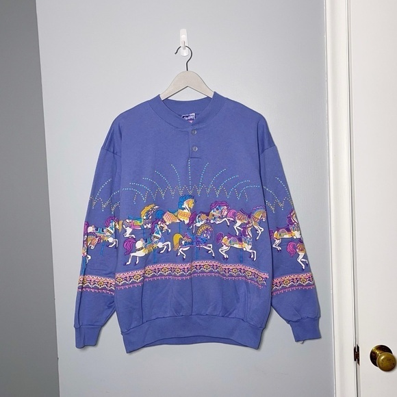 Vintage 90s Unicorn Carousel Crewneck Sweatshirt - Picture 1 of 5